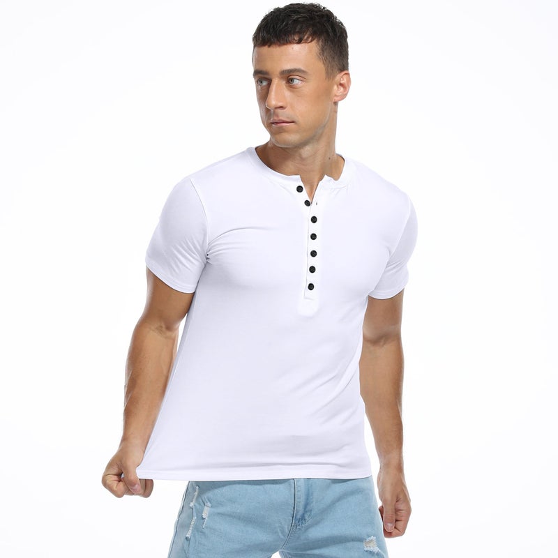 YTD Mens Casual Slim Fit Basic Henley Short Sleeve Fashion Summer T-Shirt M White - Image 5